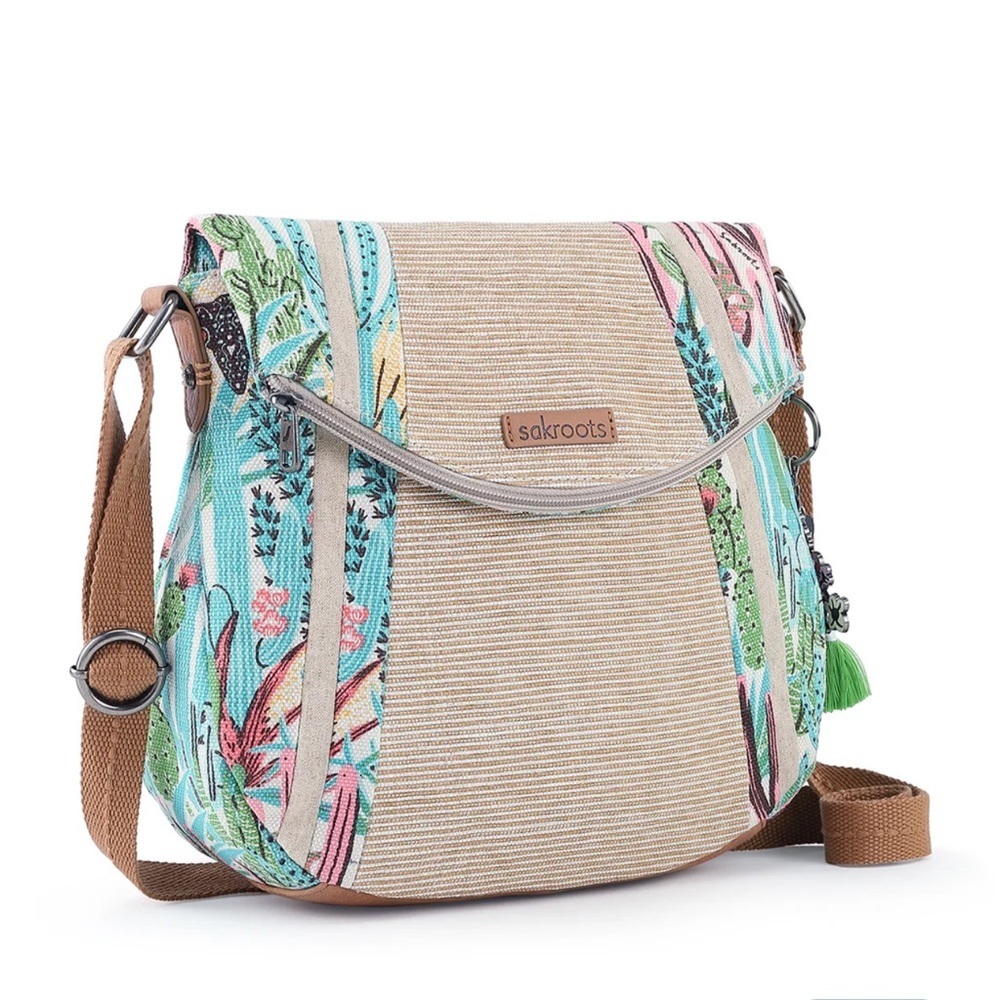 Sakroots Cactus Mojave Desert Print Tan Green Crossbody Woven Purse